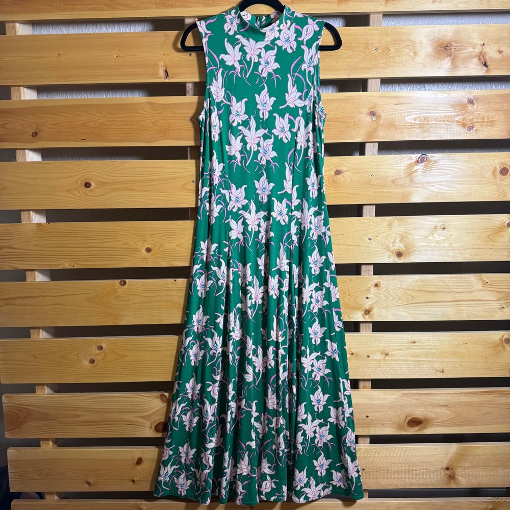 ME+EM Maxi Dress Women 8 Green Pink Floral Lily Mock Neck Sleeveless Resort